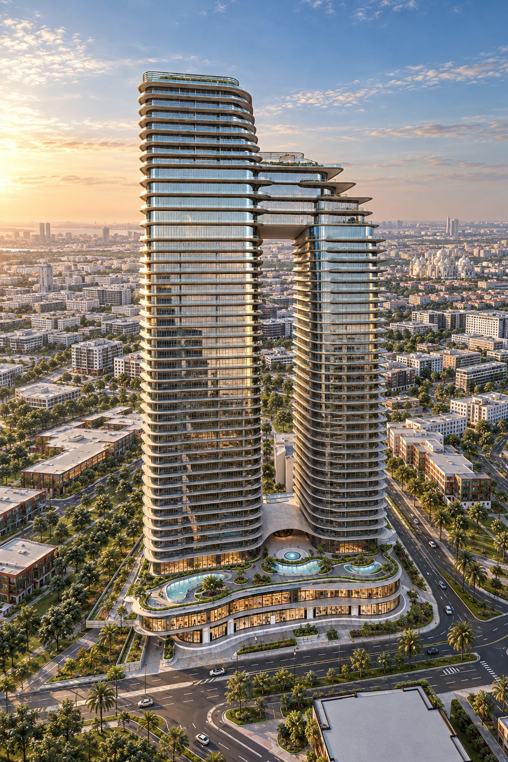 A high frontal view of the towers connected by a sculpted skybridge.