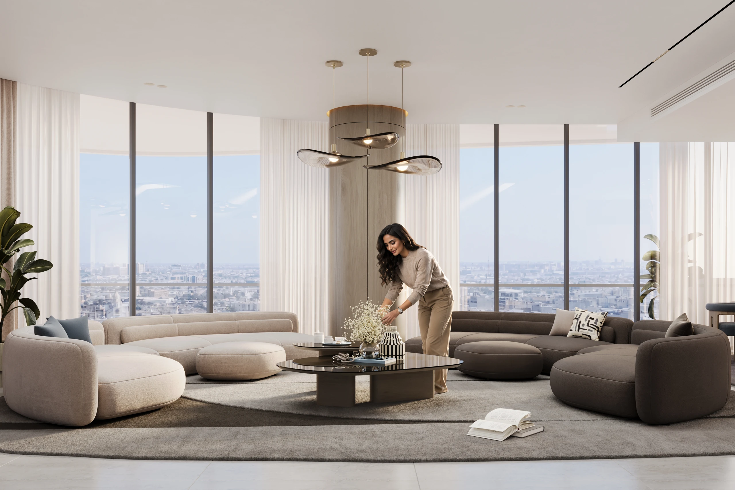 A light-filled Turath living room overlooking Baghdad.